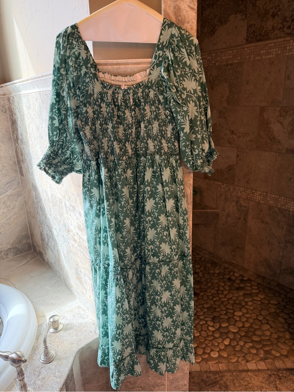 Green Floral Smocked Midi Dress - Casual Women's Dress